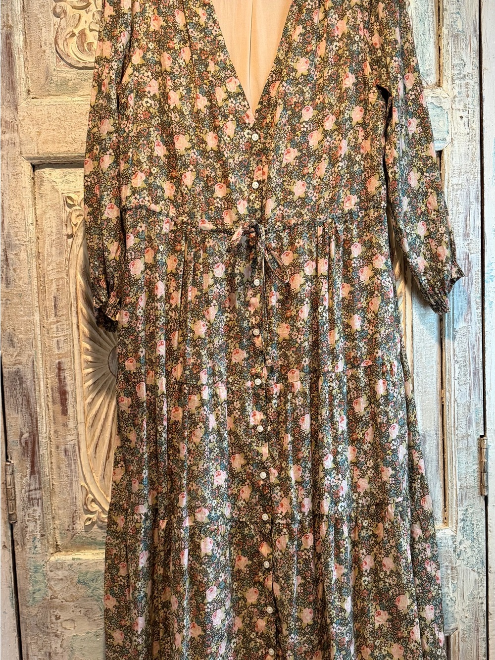 Like New Trovata Lined Olive Green Floral Midi Dress